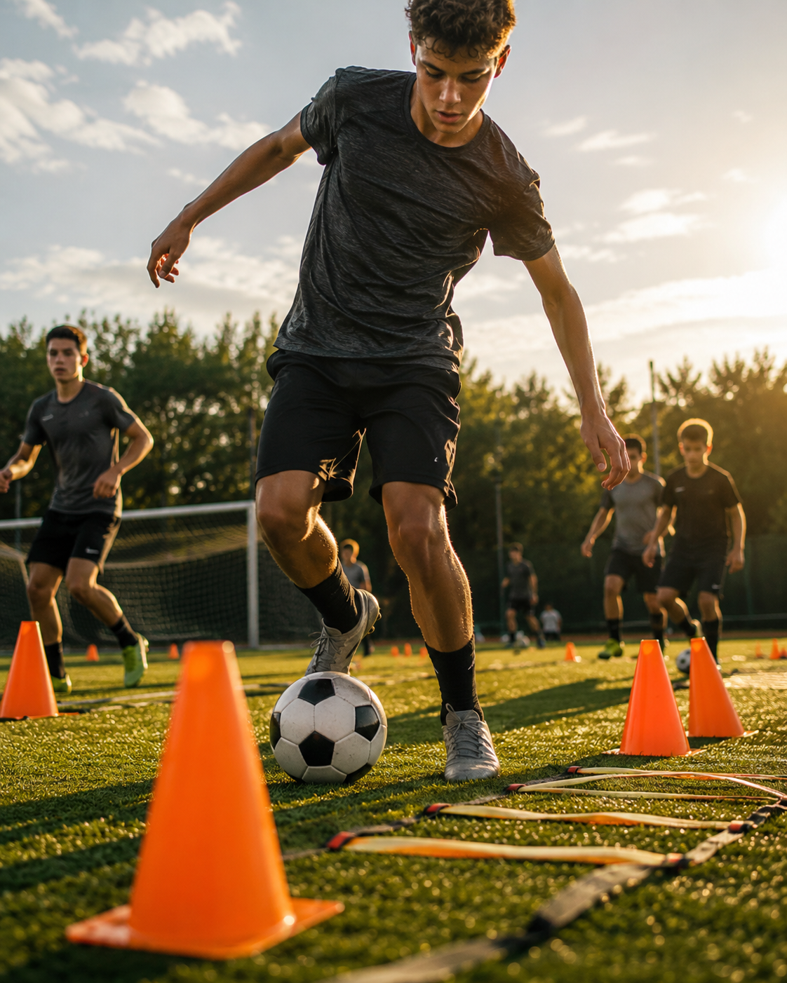 Jovem atleta treinando futebol com cones e escada de agilidade