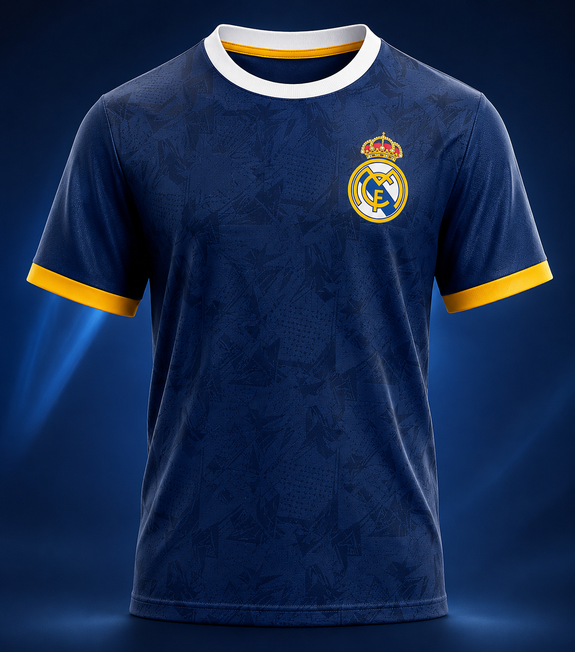 Camisa Real Madri King azul-marinho com detalhes amarelos e escudo bordado