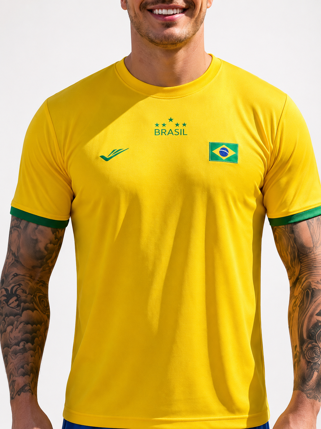 Camisa da Seleção Brasileira Copa 2026 Elite Dry Fit amarela com detalhes verdes e bandeira do Brasil