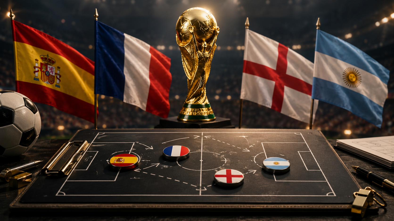 Prancheta tática com bandeiras de Espanha, França, Inglaterra e Argentina e a taça da Copa do Mundo ao fundo, representando as semifinalistas da Copa 2026