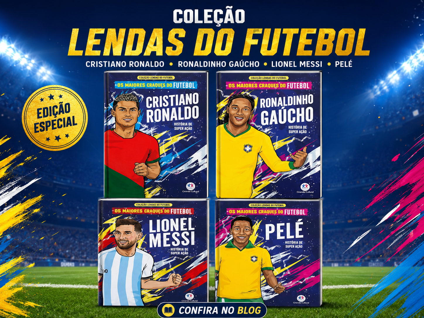 Kit de livros Coleção Lendas do Futebol com biografia de Lionel Messi