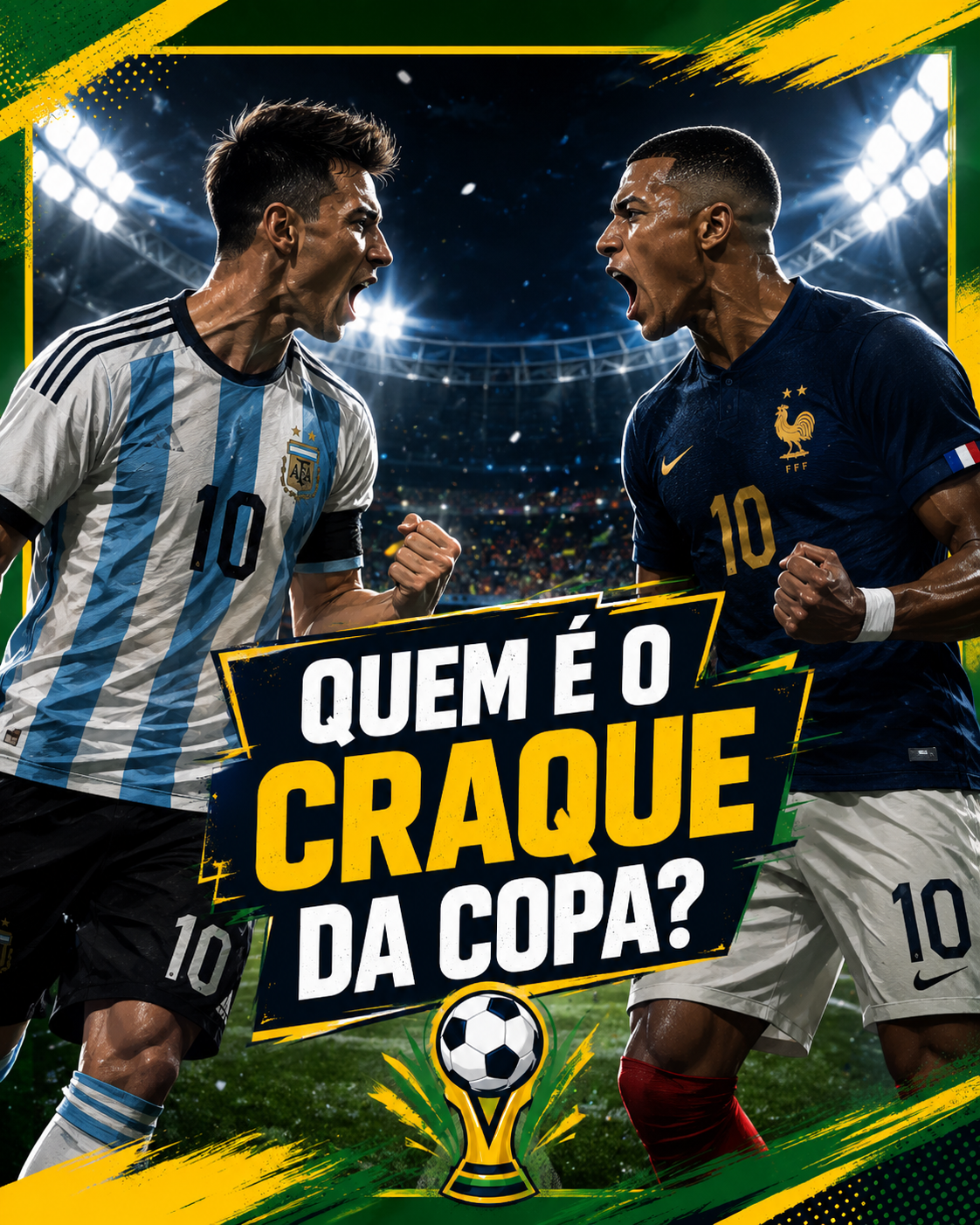 Messi e Mbappé se encaram em arte com a pergunta quem é o craque da Copa do Mundo 2026