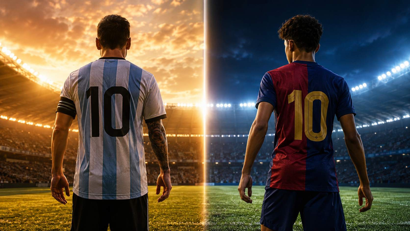 Imagem dividida com jogador de camisa da Argentina número 10 ao pôr do sol e jovem jogador de camisa do Barcelona número 10 sob luz noturna