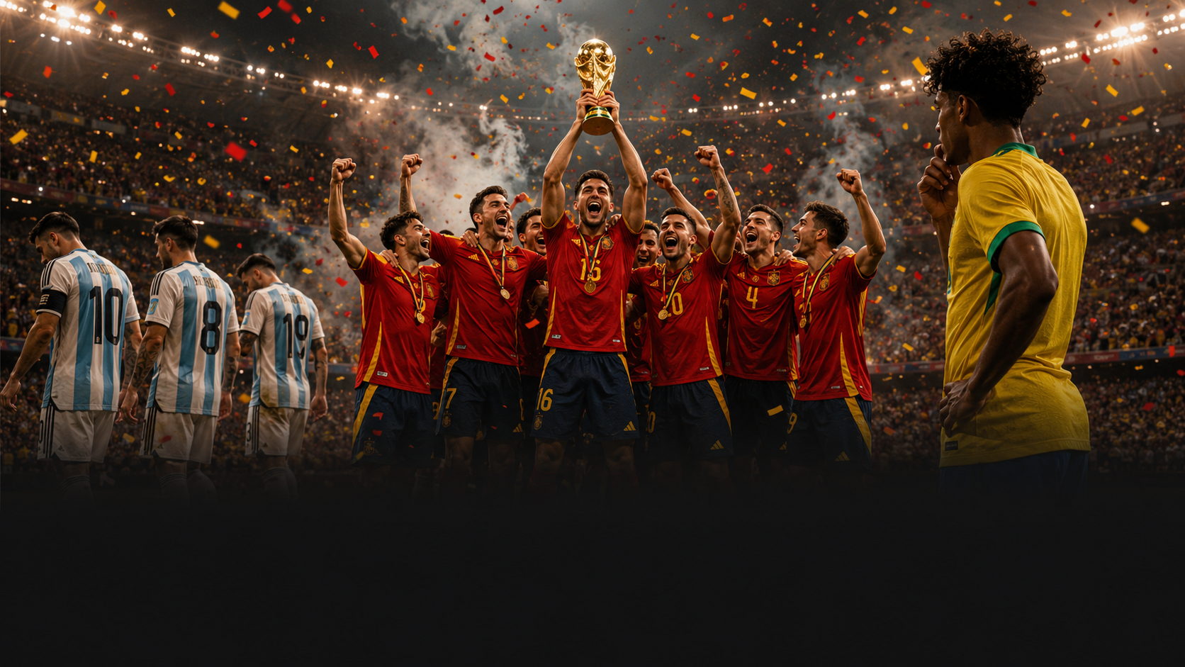 Jogadores da Espanha comemoram o título mundial enquanto atletas da Argentina aparecem abatidos e um brasileiro observa