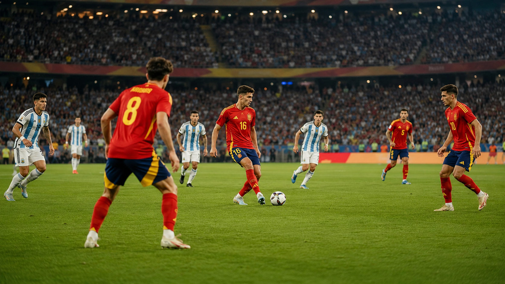 Jogadores da Espanha trocam passes diante da marcação argentina durante a final da Copa de 2026