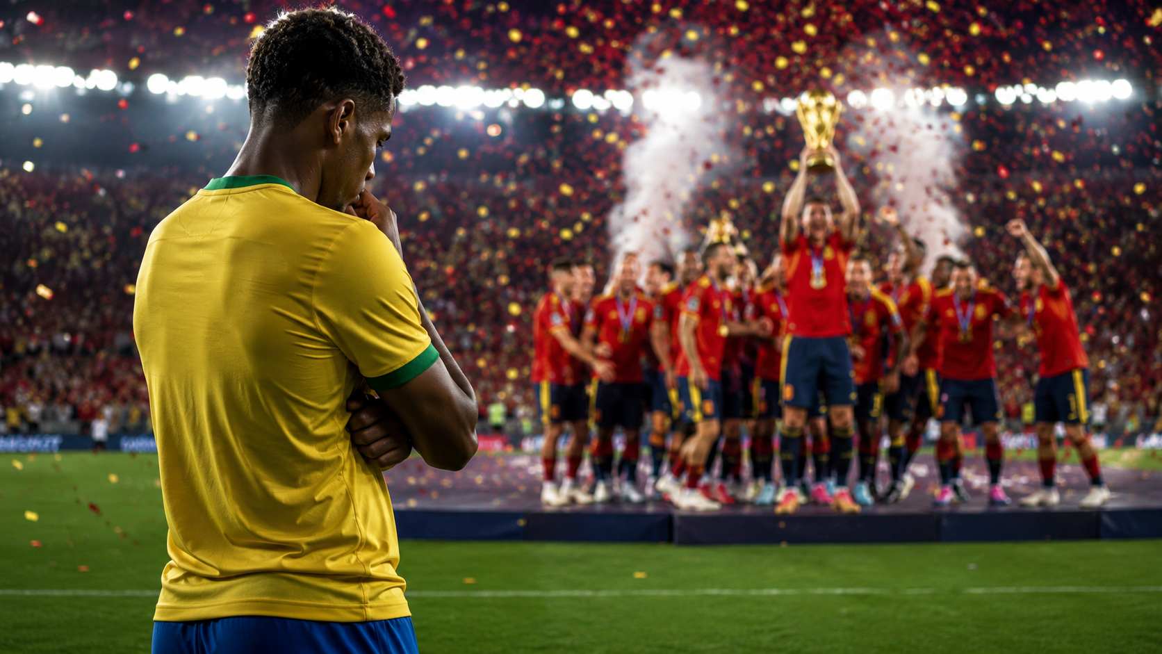 Jogador brasileiro observa pensativo a Espanha comemorando o título da Copa do Mundo