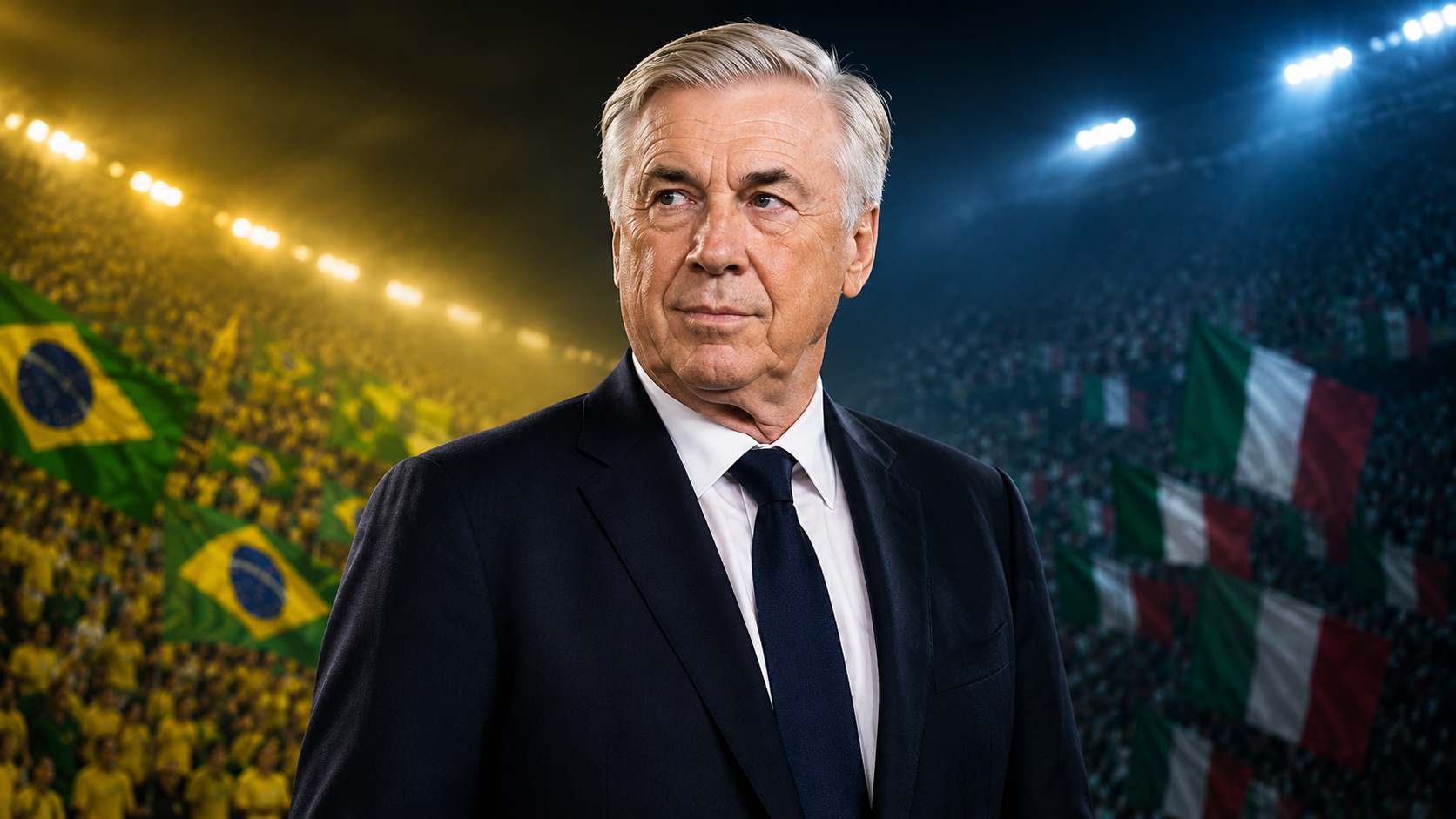 Carlo Ancelotti em destaque com torcidas de Brasil e Itália ao fundo