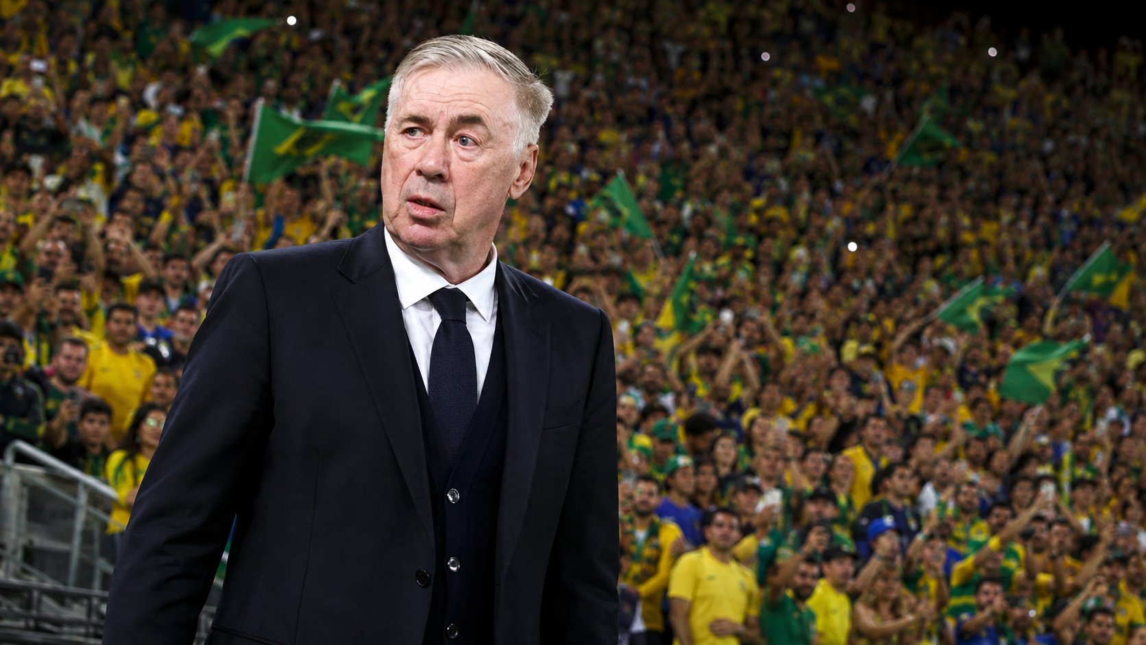 Carlo Ancelotti diante de uma torcida brasileira lotada e exigente