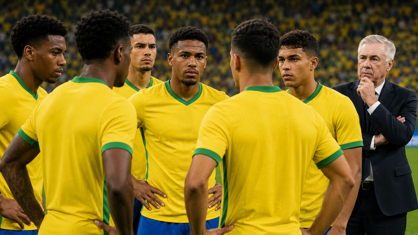 Nova geração da Seleção Brasileira reunida em campo enquanto Carlo Ancelotti observa