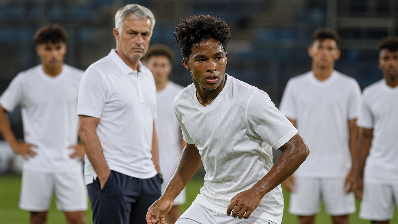 Endrick em treino sendo observado por José Mourinho e outros jovens jogadores ao fundo
