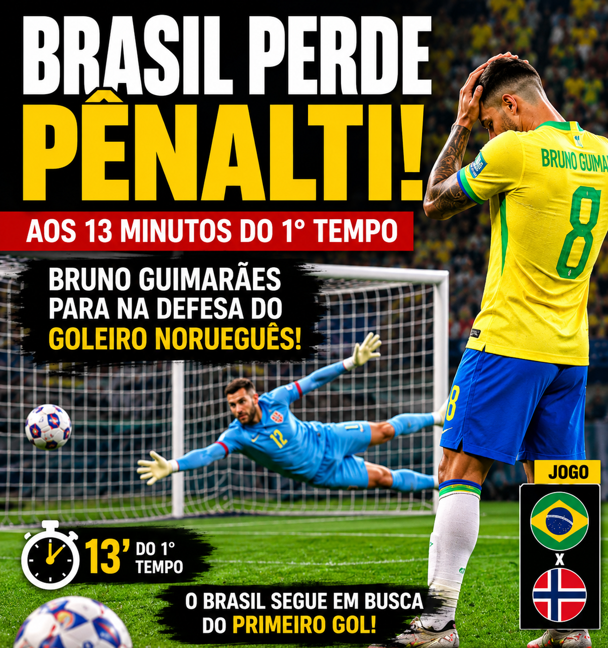 Bruno Guimarães lamenta pênalti perdido contra a Noruega na Copa do Mundo 2026