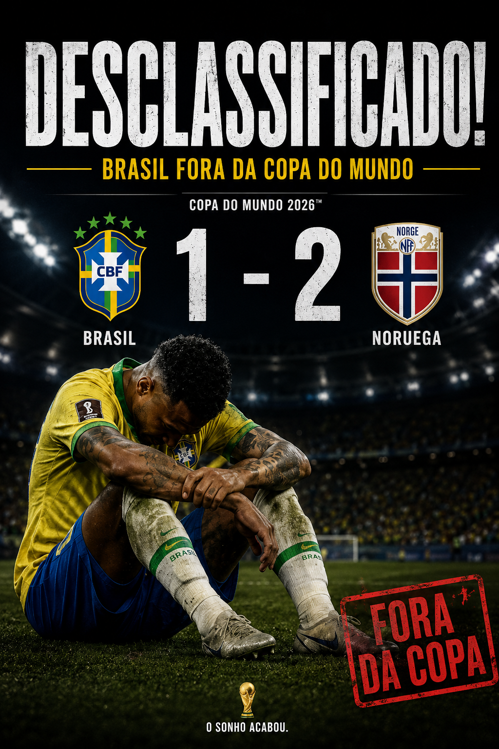 Jogador da Seleção Brasileira cabisbaixo após a eliminação para a Noruega por 2 a 1 na Copa do Mundo 2026