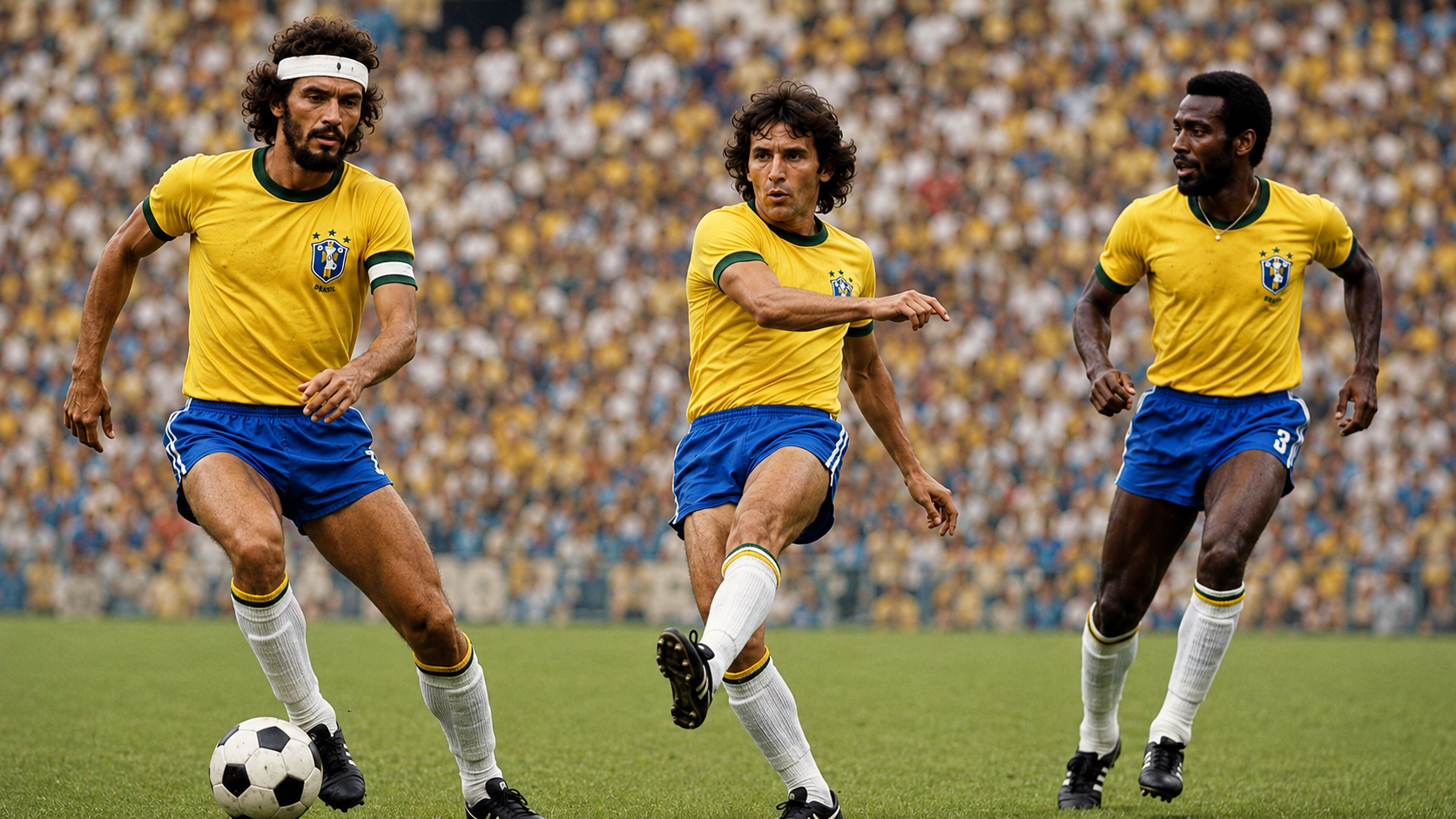 Meio-campistas clássicos da Seleção Brasileira em ação, representando os pensadores do futebol-arte