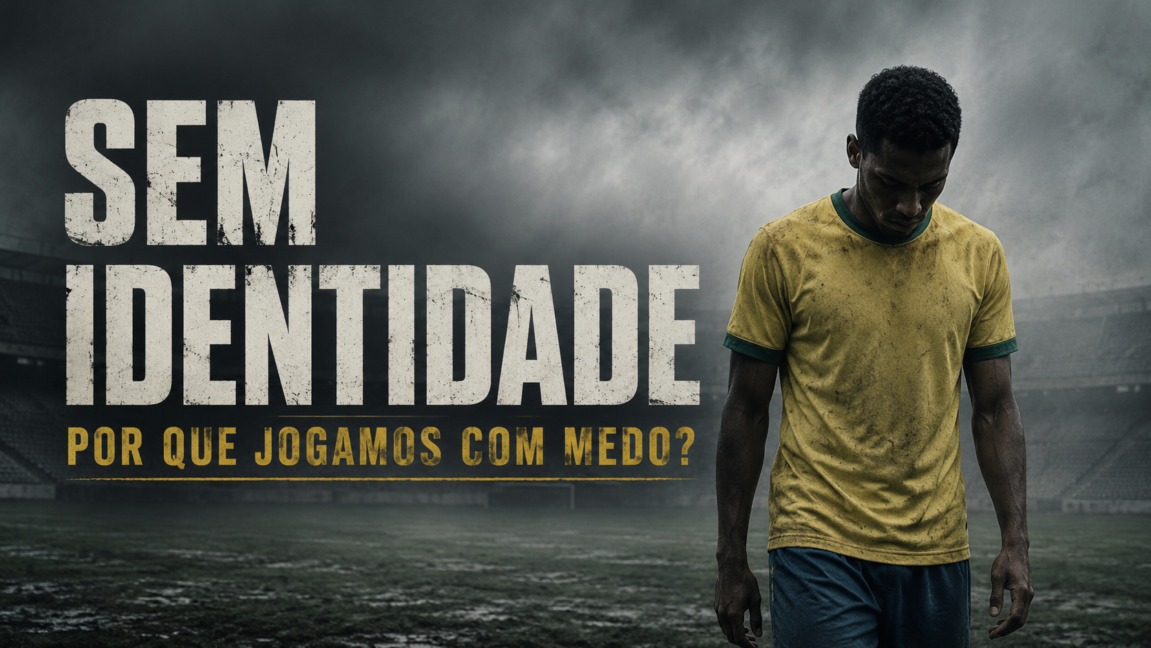 Jogador da Seleção Brasileira cabisbaixo em campo enevoado com o texto Sem Identidade