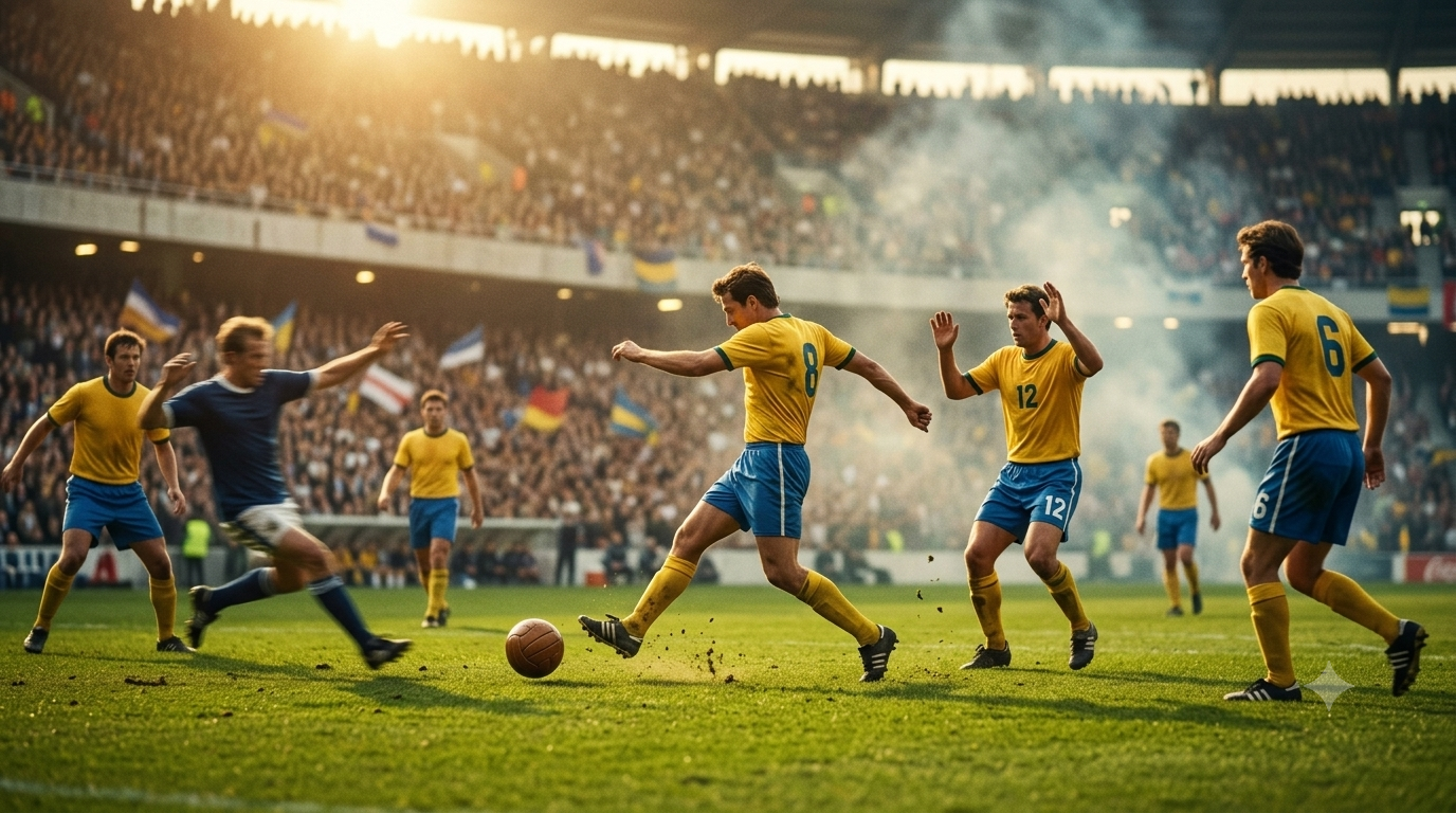 Jogadores brasileiros fictícios realizando uma jogada coletiva em estádio com estética histórica