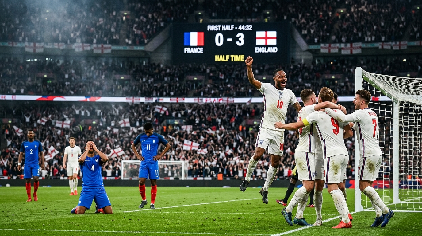 Inglaterra comemora vantagem no primeiro tempo enquanto jogadores da França demonstram frustração