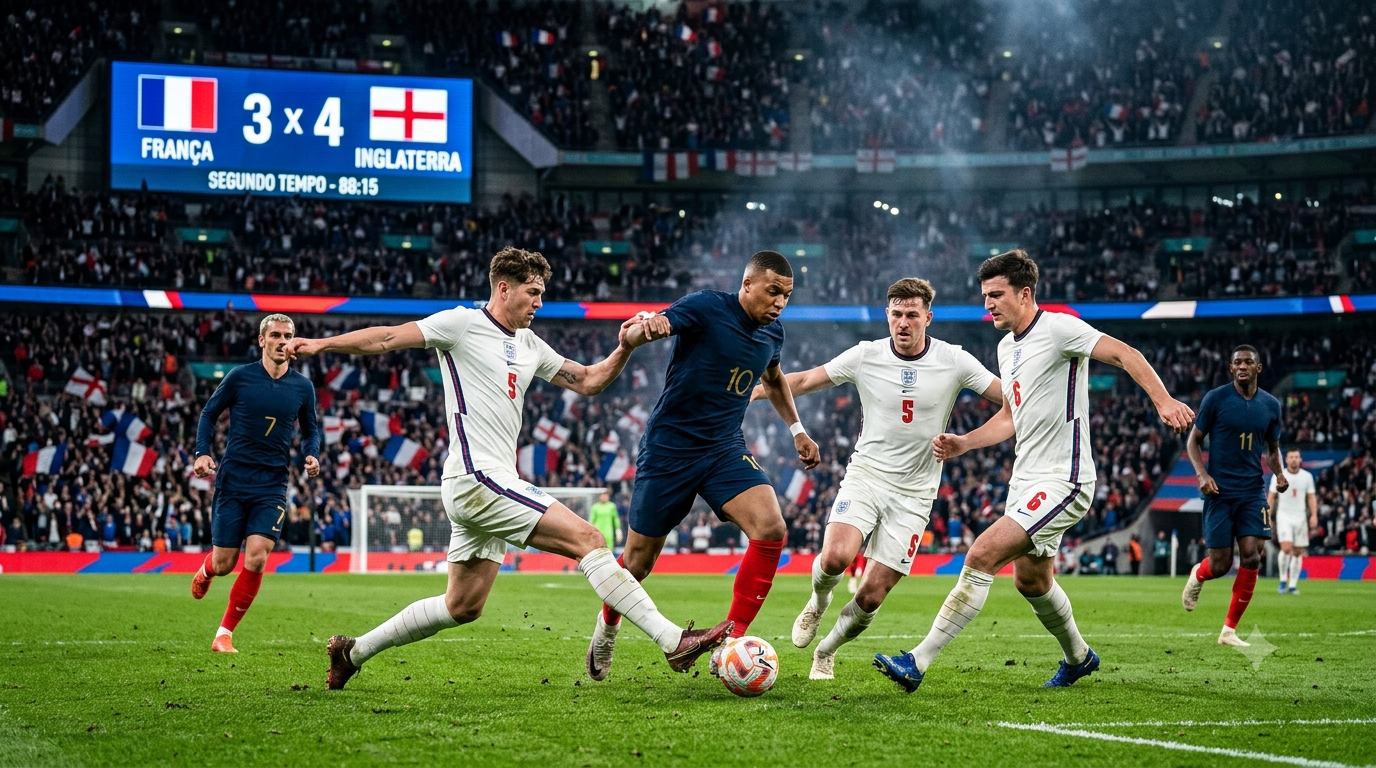 Jogador da França avança entre defensores da Inglaterra em momento de reação no segundo tempo