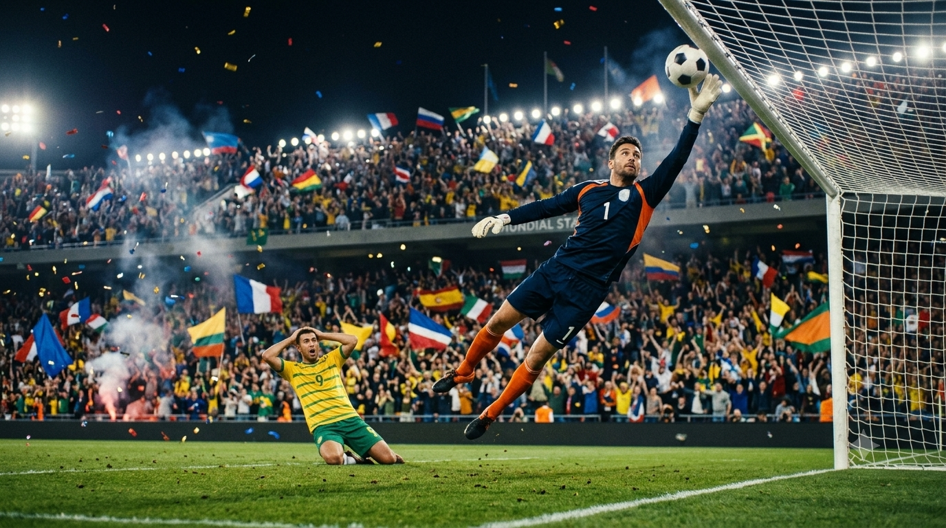 Goleiro fictício realizando uma defesa espetacular em partida decisiva de futebol