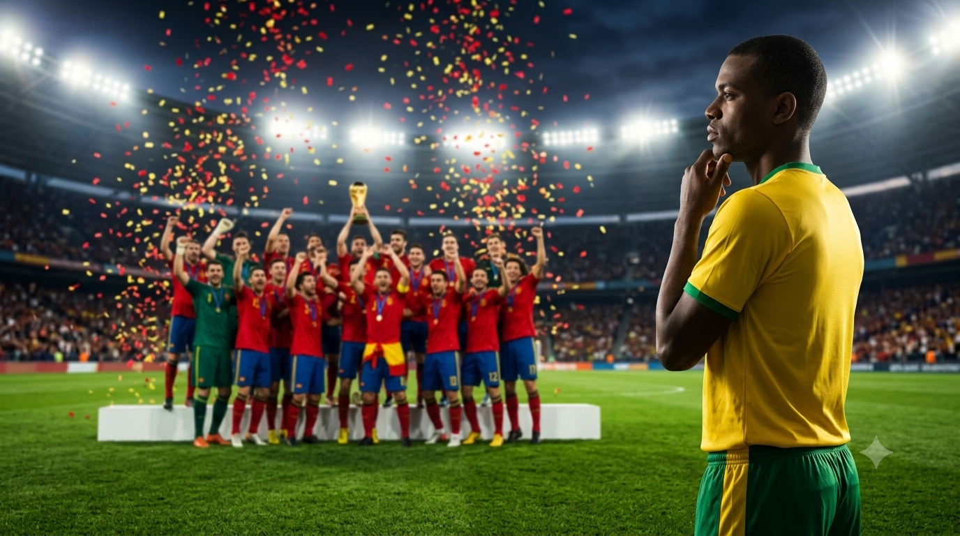 Jogador brasileiro fictício observa a comemoração da Espanha após o título mundial