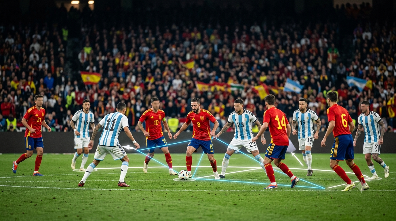 Disputa tática entre Argentina e Espanha no meio-campo com linhas indicando movimentações