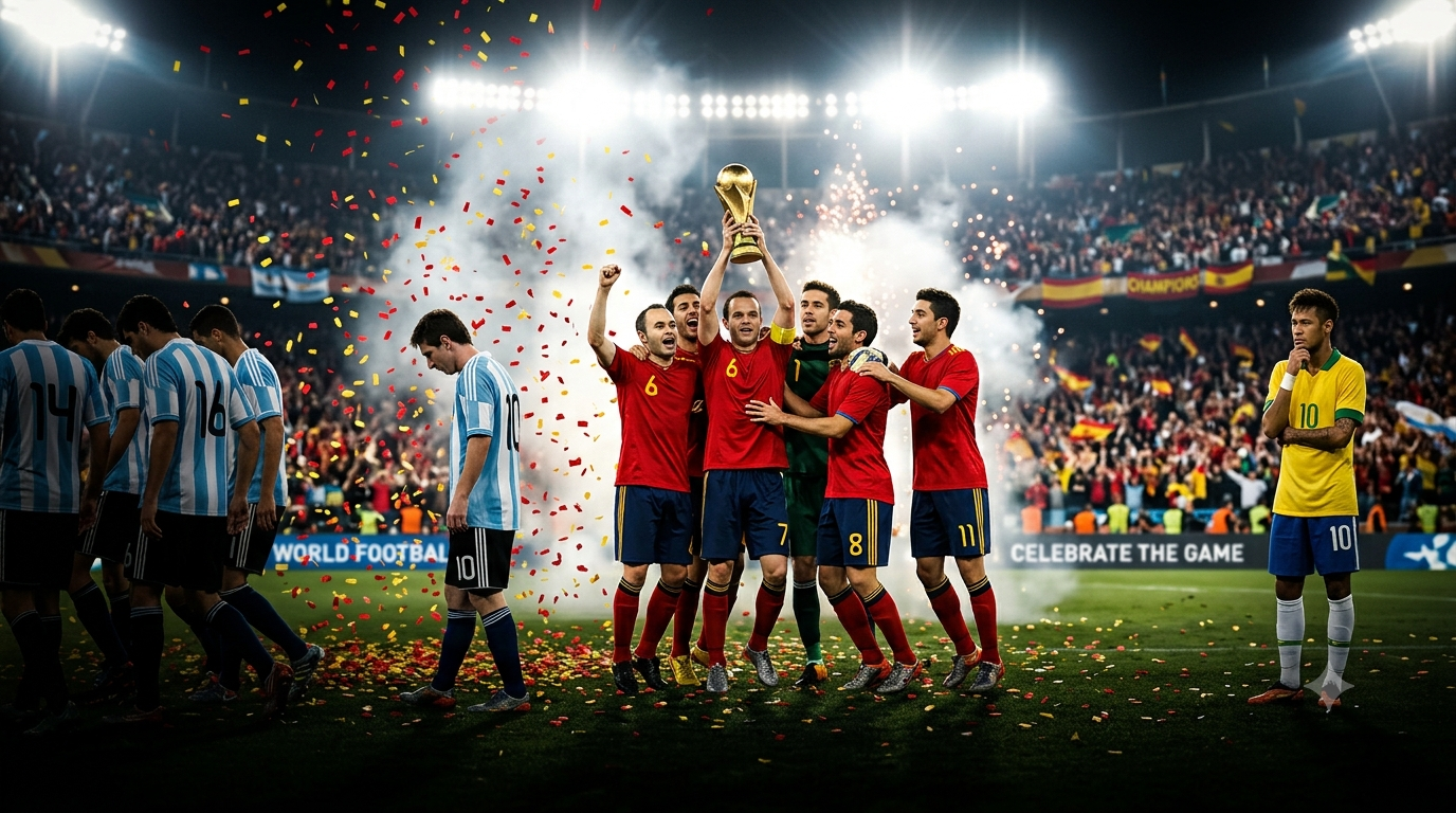 Espanha levanta um troféu enquanto jogadores da Argentina deixam o campo e um atleta brasileiro observa