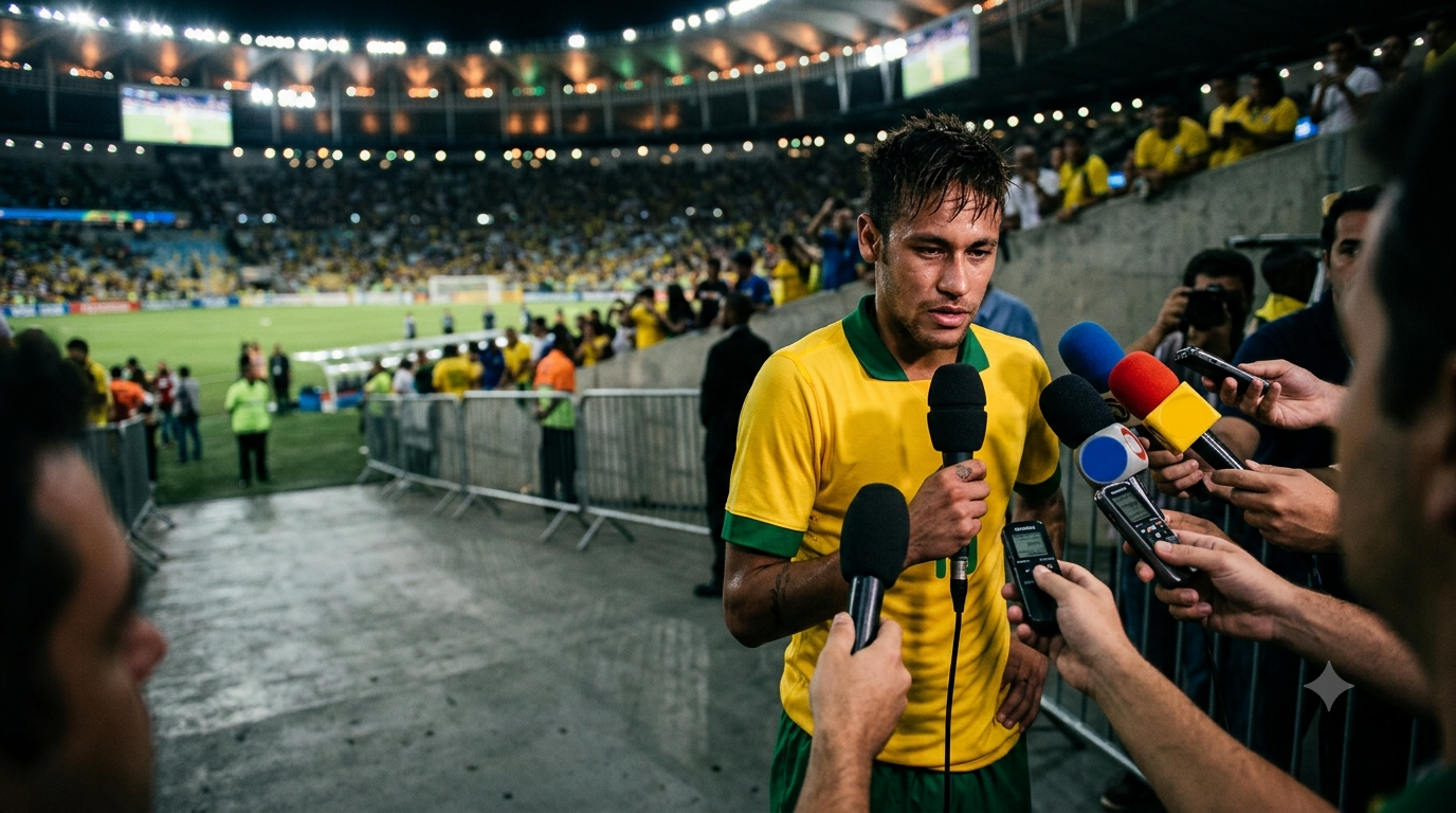 Neymar falando com jornalistas após partida da Seleção Brasileira