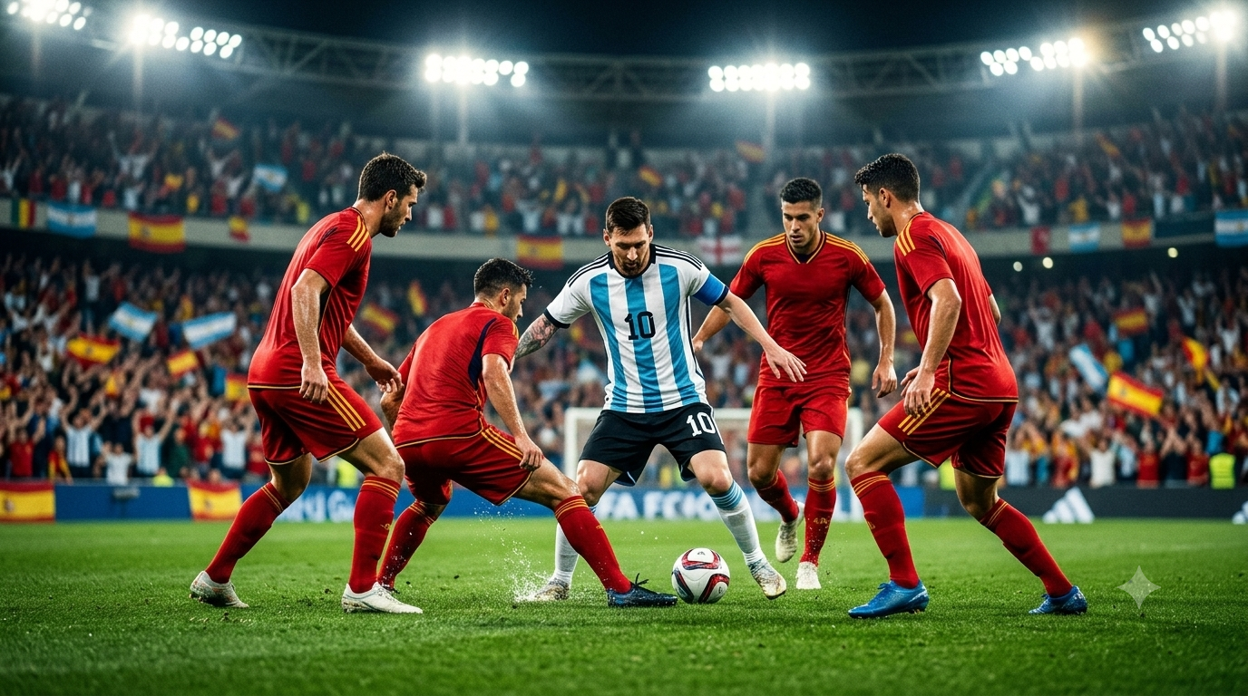 Jogador argentino cercado por quatro defensores espanhóis em jogada simbólica da final