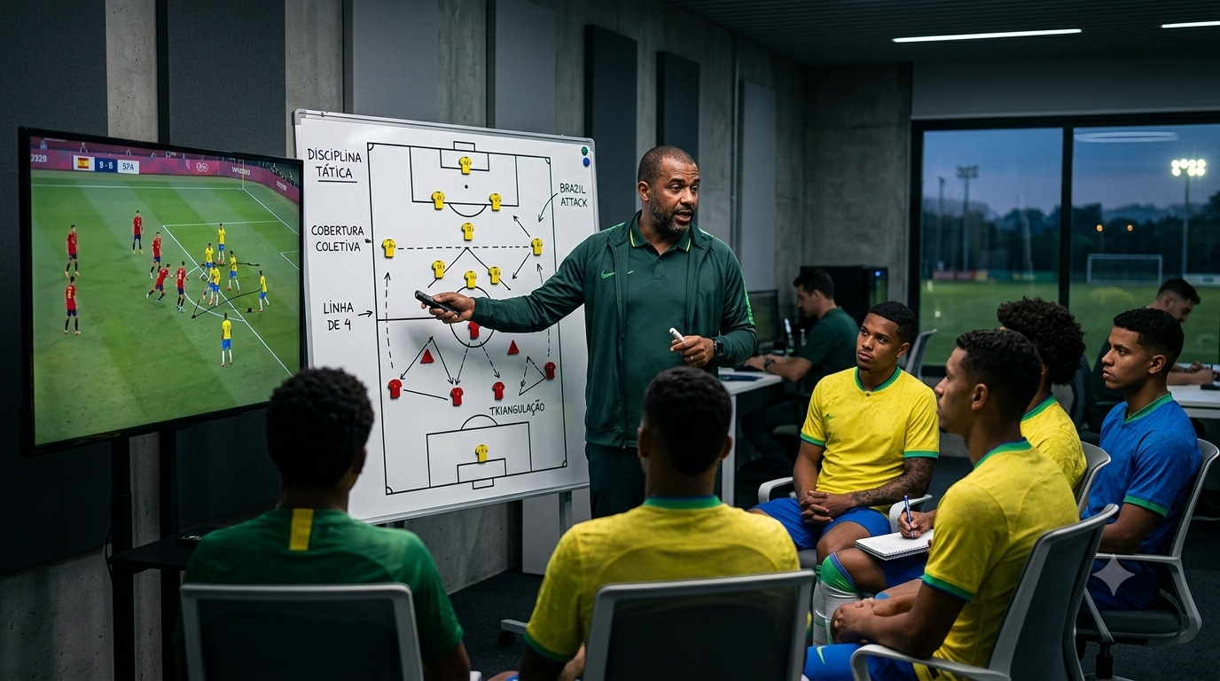 Treinador brasileiro fictício ensina conceitos táticos a jogadores em sala de análise