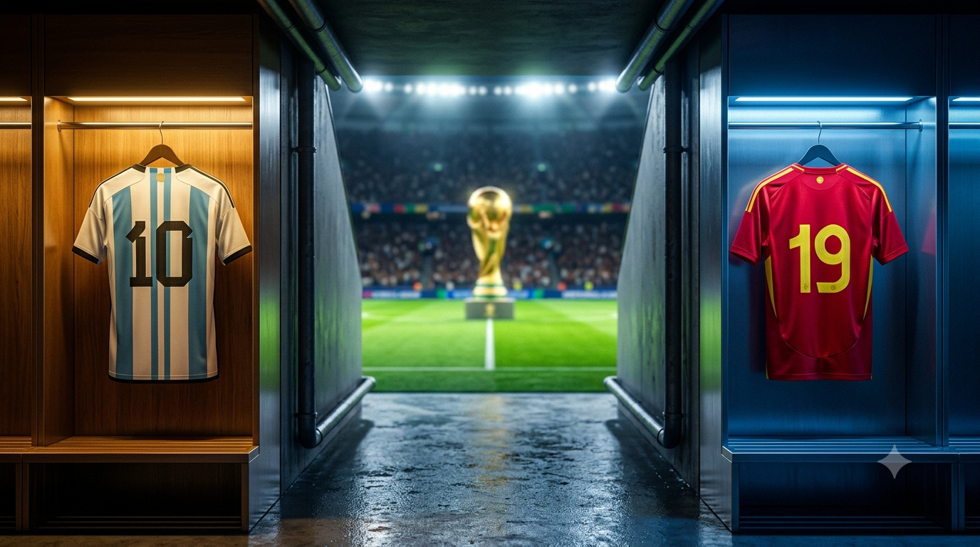 Camisas número 10 e 19 em um túnel de estádio com troféu ao fundo representando legado e futuro