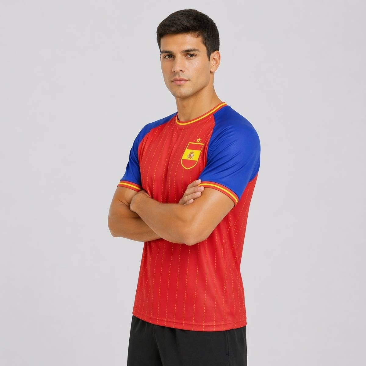 Camisa vermelha e azul da Espanha com nome Lamine Yamal e número 19