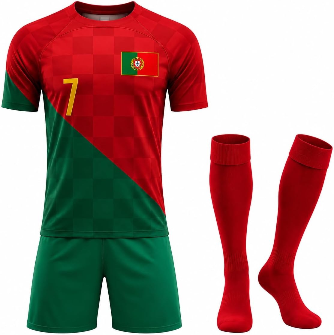 Conjunto de futebol de Portugal com o número 7 de Cristiano Ronaldo, camisa short e meião