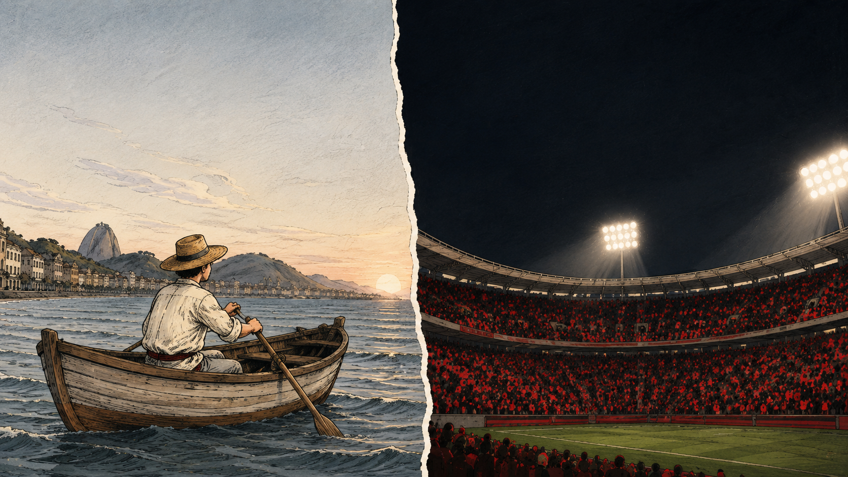 Comparação entre um remador de 1895 na Baía de Guanabara e um estádio moderno lotado de torcedores rubro-negros