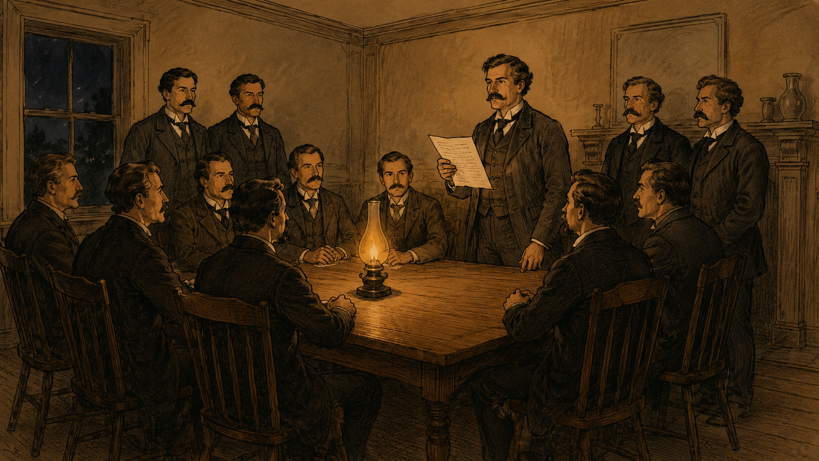 Reunião de fundação do Flamengo em 17 de novembro de 1895, com homens de terno ao redor de uma mesa iluminada por lampião