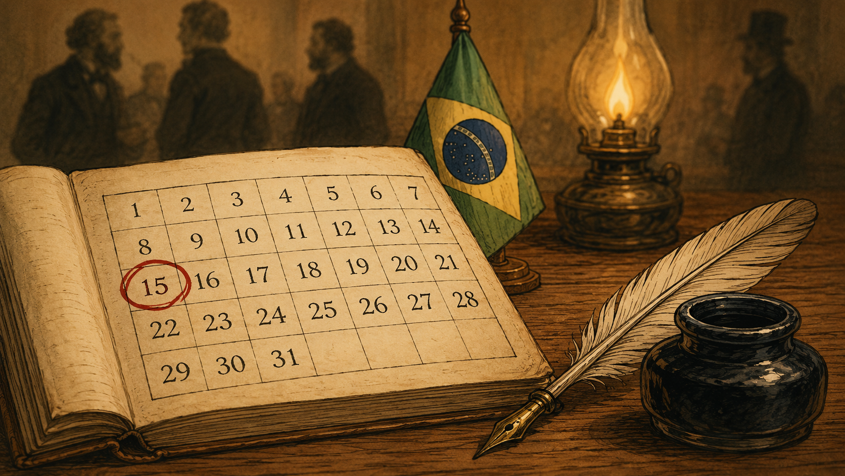 Calendário antigo com o dia 15 circulado em vermelho, ao lado de bandeira do Brasil, lampião e pena de escrever