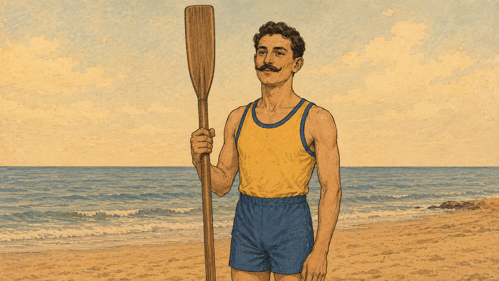 Remador do Flamengo em 1895 com o primeiro uniforme do clube, camiseta amarela e calção azul, segurando um remo na praia