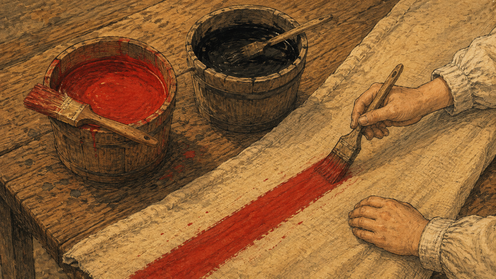 Baldes de tinta vermelha e preta sobre bancada de madeira, com pincel pintando a primeira faixa vermelha em um tecido