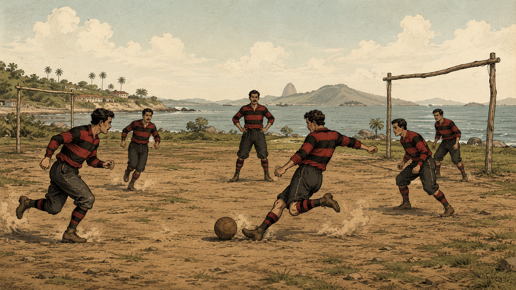Jogadores do Flamengo em 1912 disputando bola em campo de terra à beira-mar, com o Pão de Açúcar ao fundo