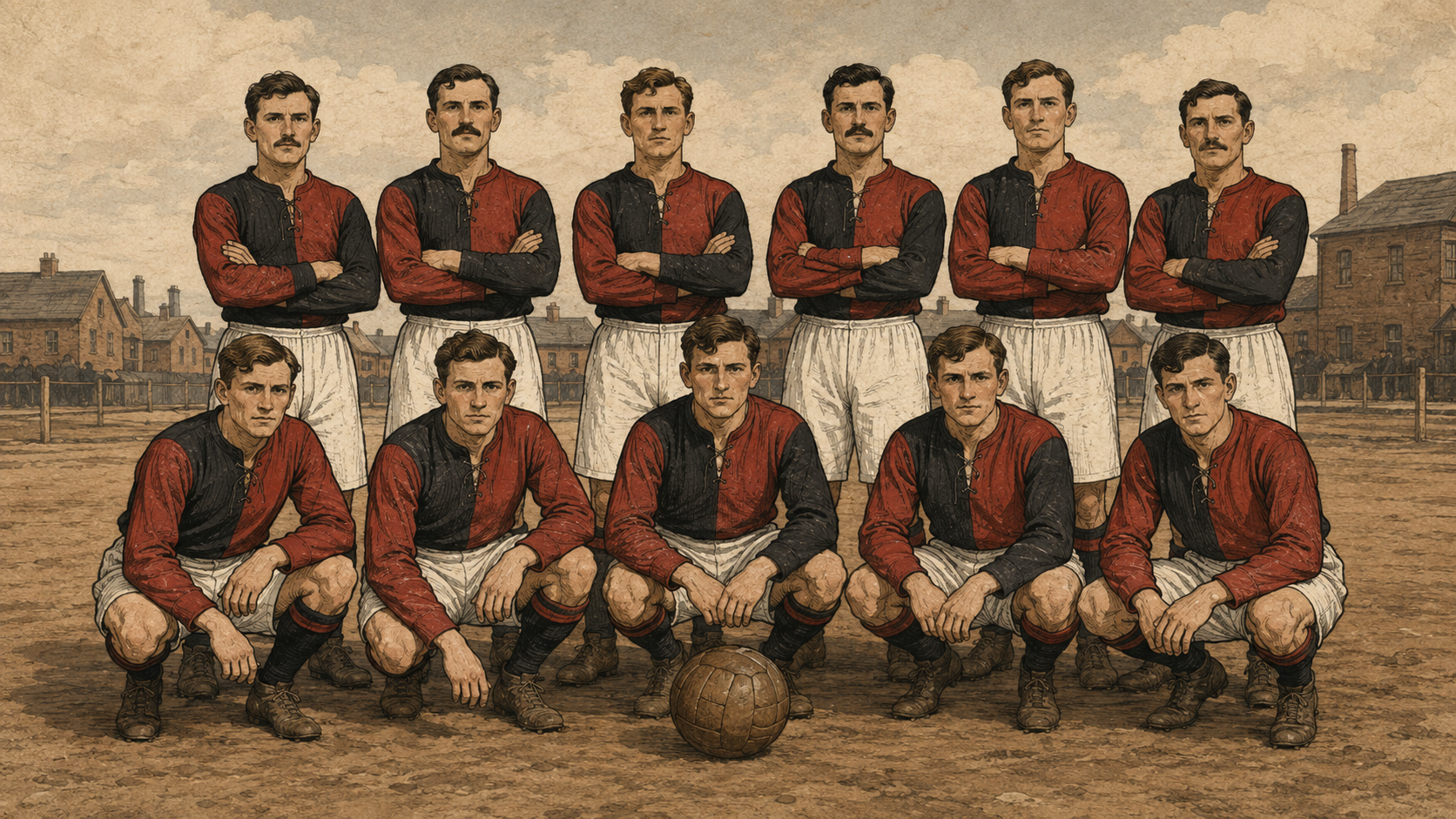 Time do Flamengo posado no início do século XX, com onze jogadores de camisa vermelha e preta e calção branco