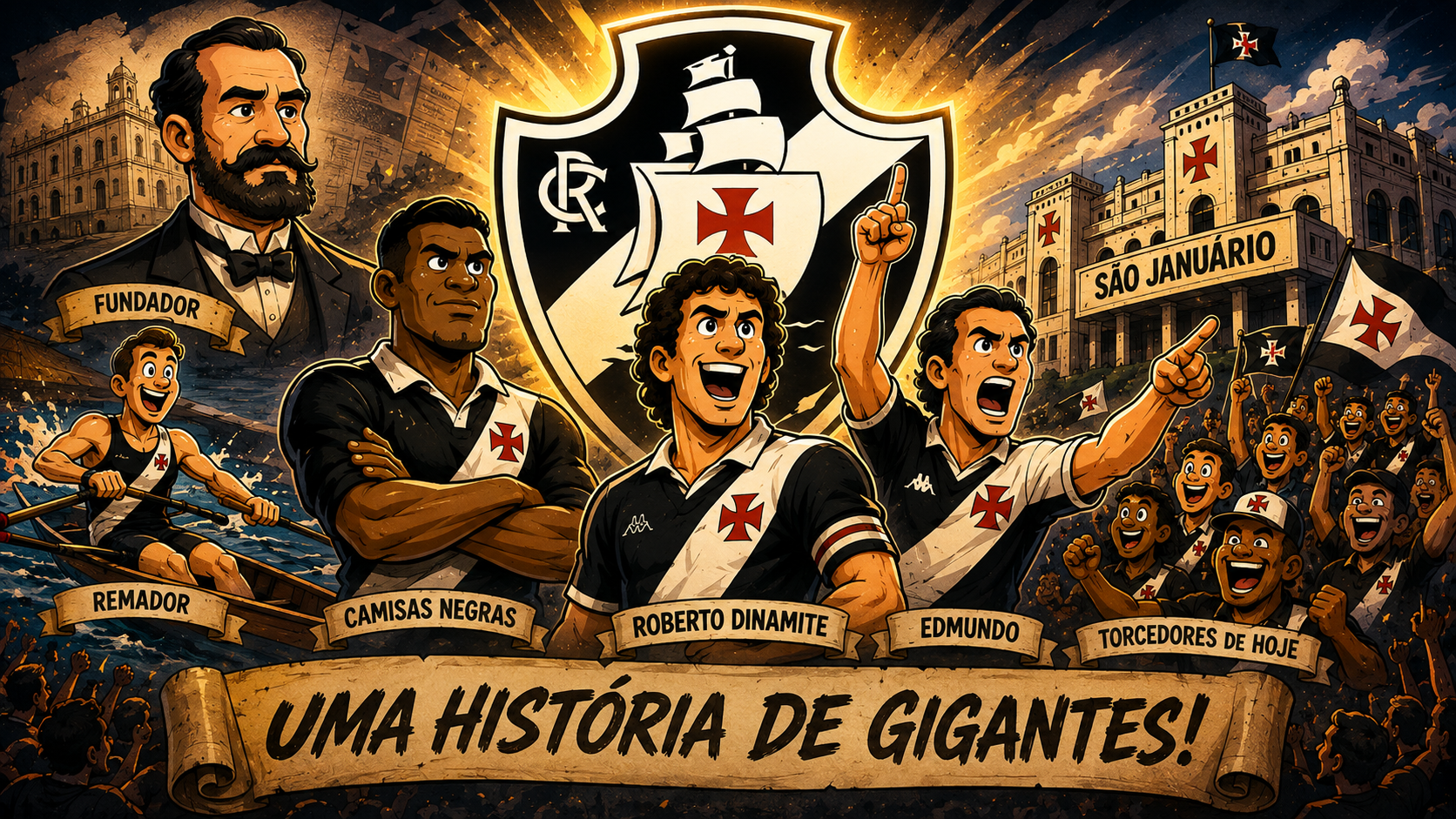 Ilustração da história do Vasco da Gama com fundação, remo, Camisas Negras, ídolos, São Januário e torcida