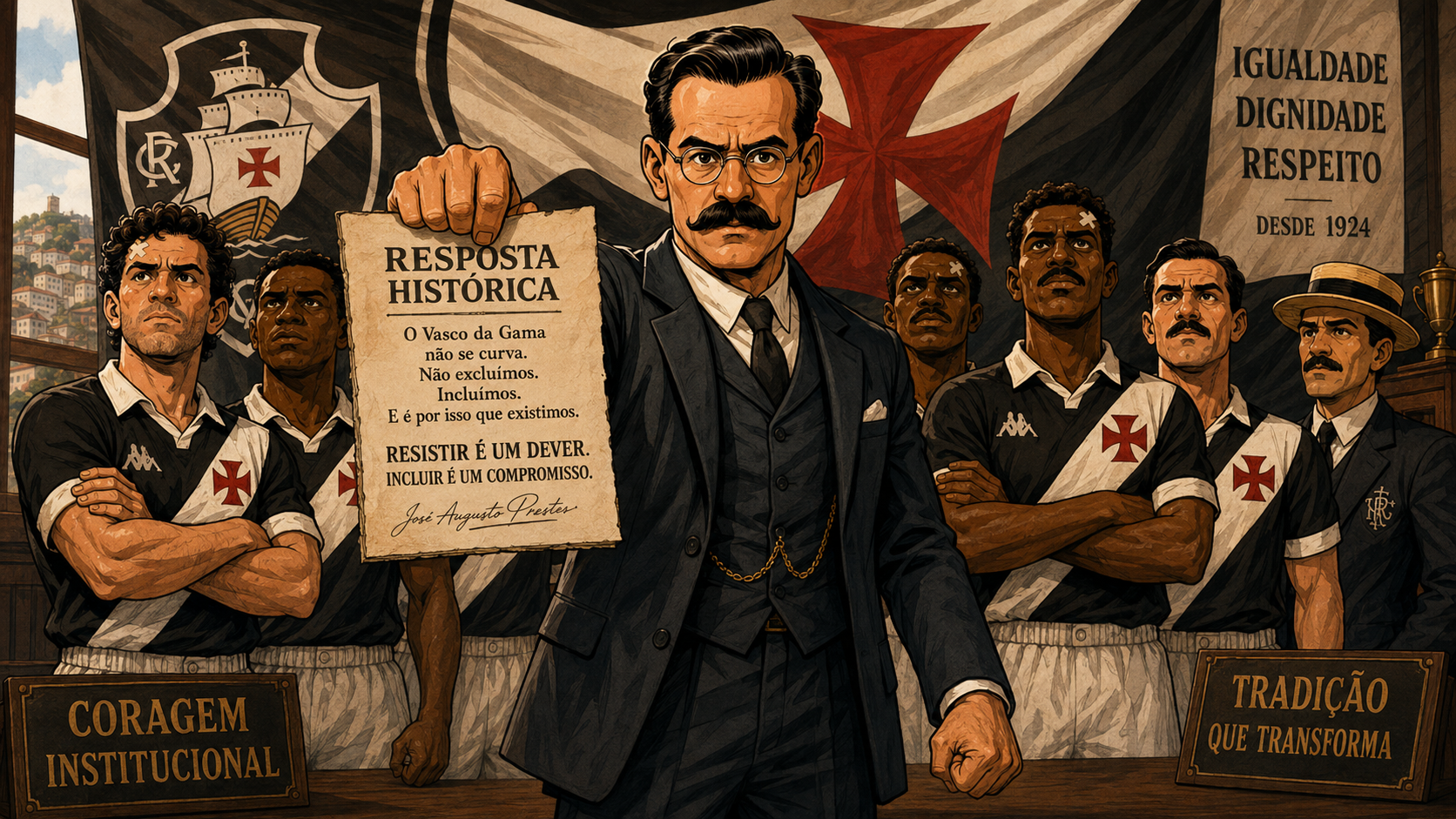 Ilustração de José Augusto Prestes com jogadores do Vasco e a Resposta Histórica de 1924