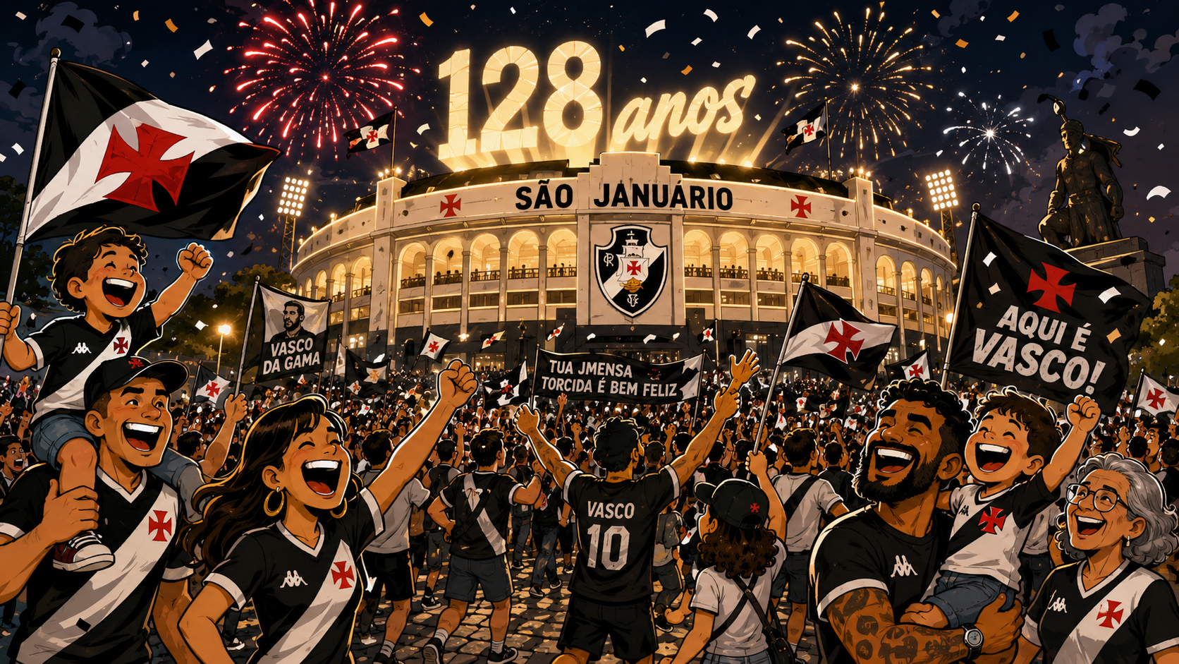 Ilustração de São Januário lotado com torcedores do Vasco comemorando 128 anos