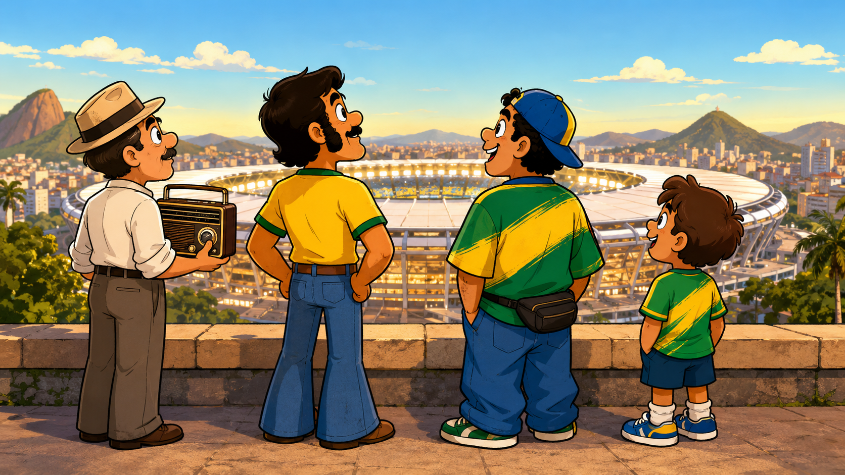 Ilustração de diferentes gerações de torcedores observando o Maracanã