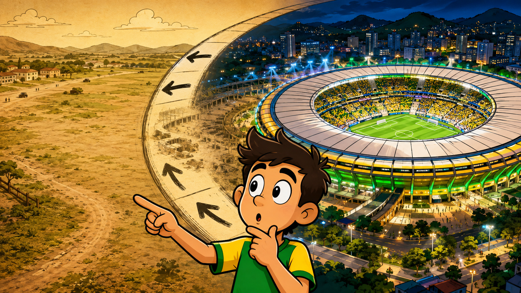 Ilustração comparando o terreno antigo da região com o Maracanã moderno