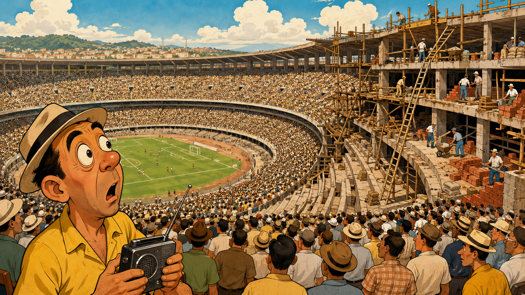 Ilustração mostrando o Maracanã cheio enquanto parte da estrutura ainda estava em obras
