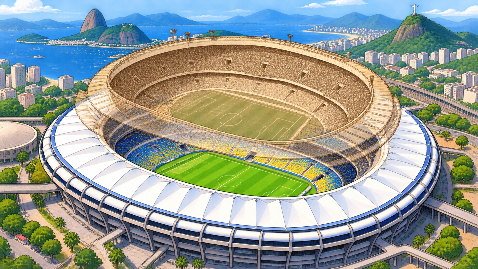 Ilustração comparando o antigo Maracanã com o Maracanã moderno