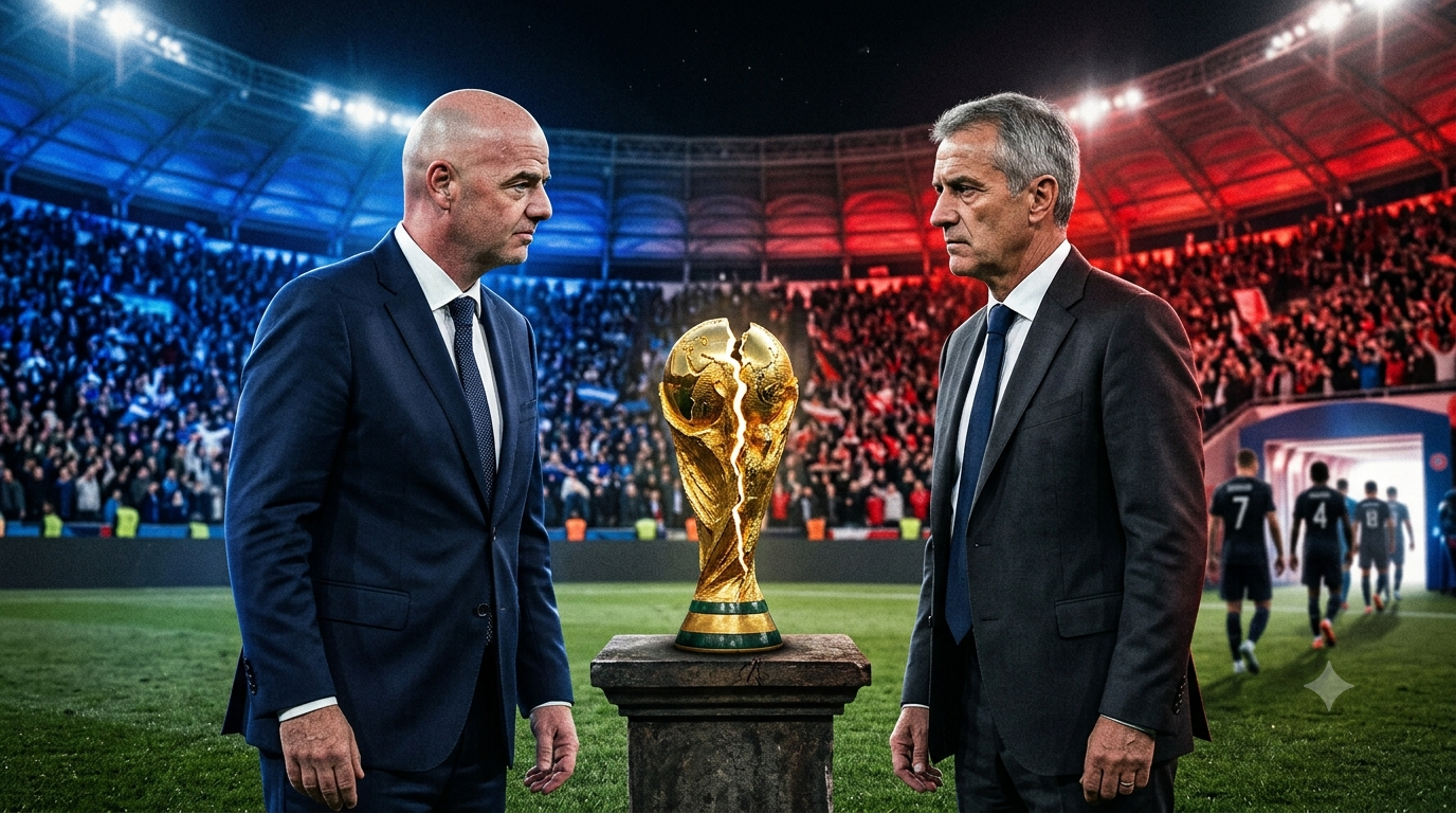 Dirigentes de futebol frente a frente com um troféu mundial rachado entre eles