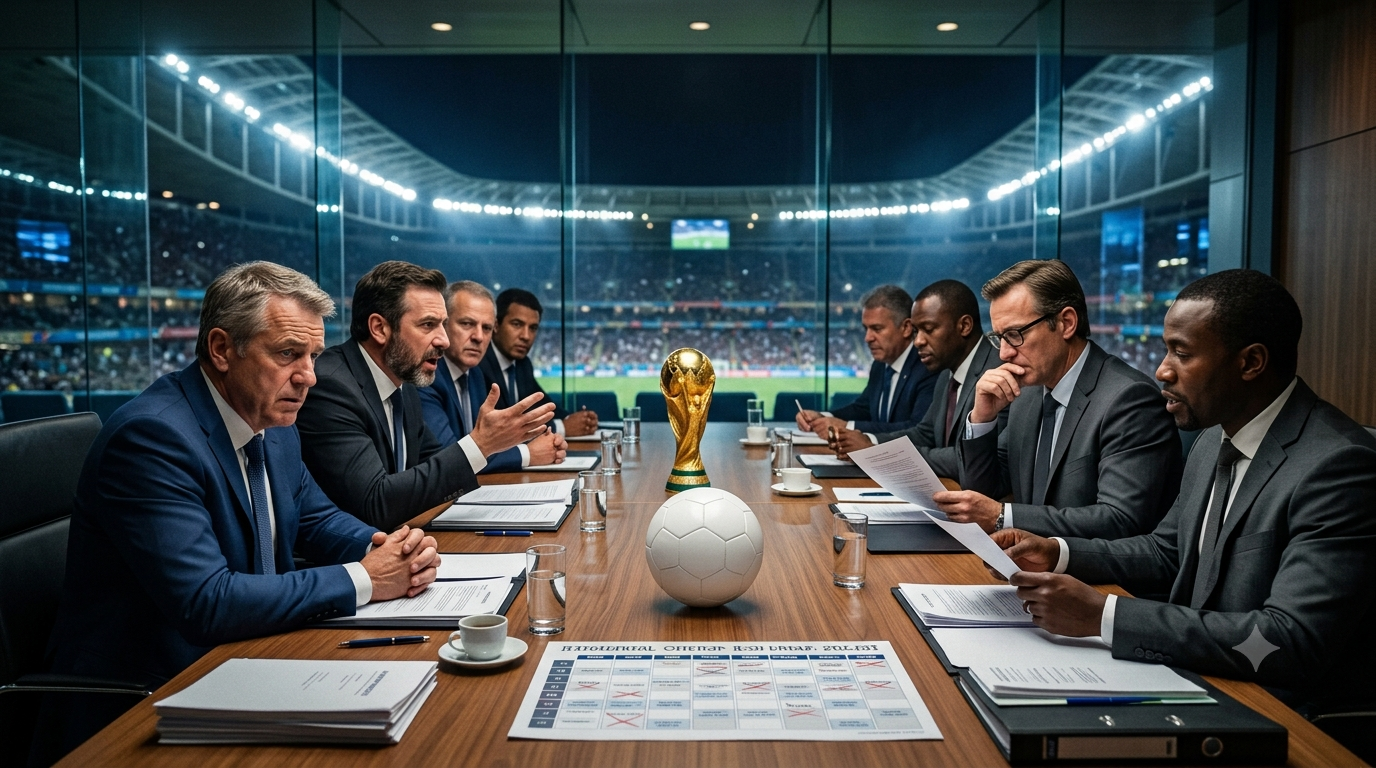 Dois grupos de dirigentes negociando o futuro das competições em uma sala diante de um estádio