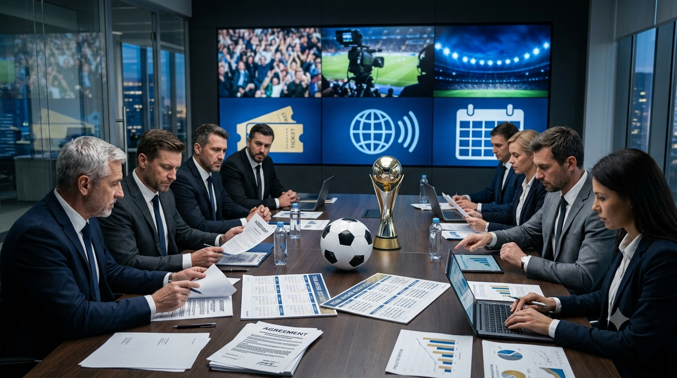 Executivos e dirigentes reunidos para discutir contratos, calendários e negócios do futebol