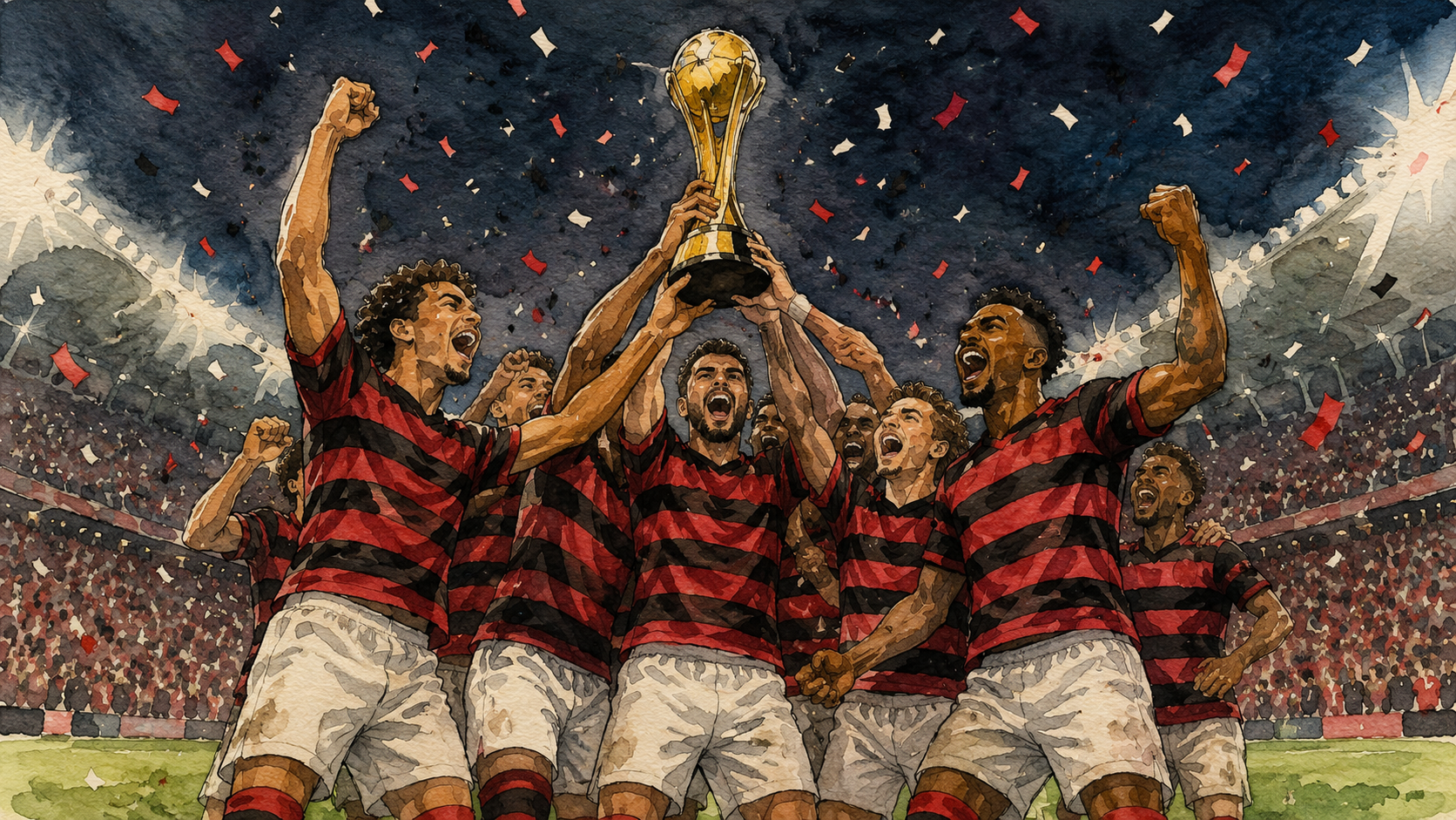 Ilustração de jogadores do Flamengo erguendo troféu em estádio lotado com papel picado