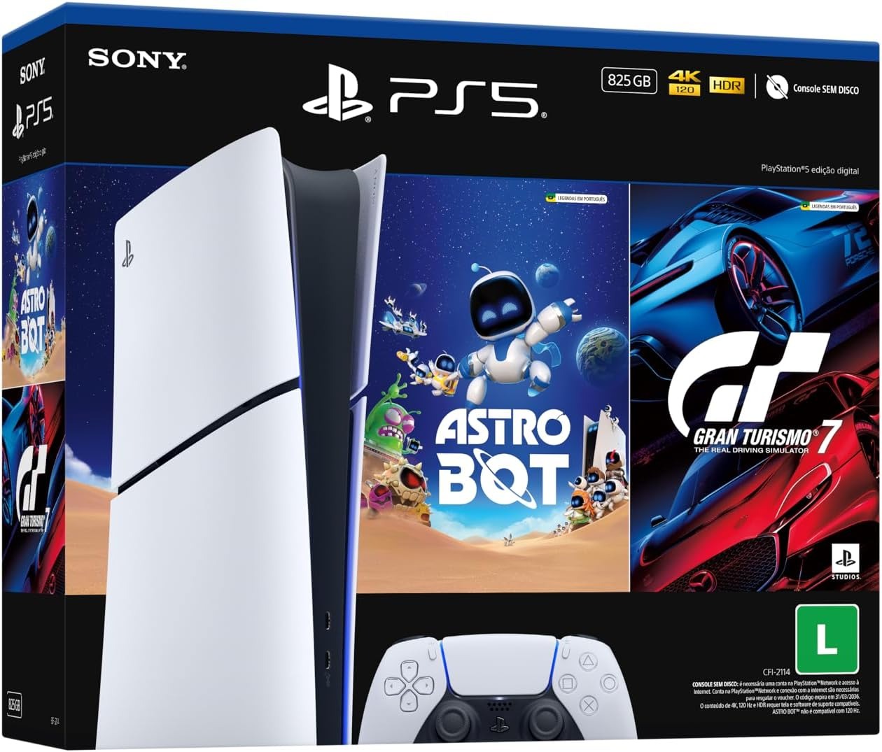 Console PlayStation 5 Slim Digital com controle e jogos Astro Bot e Gran Turismo 7
